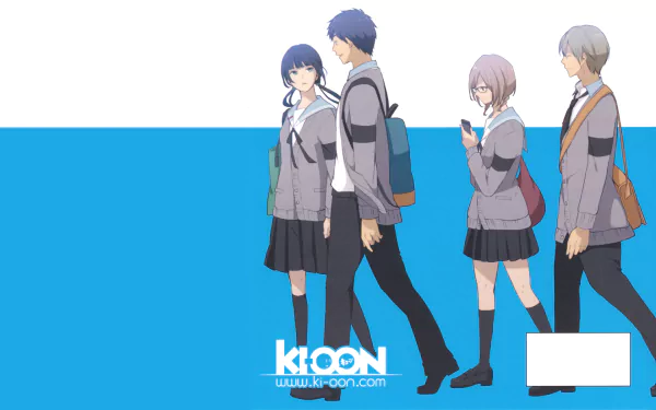 HD desktop wallpaper from the anime ReLIFE, featuring four students in school uniforms walking against a blue and white background.