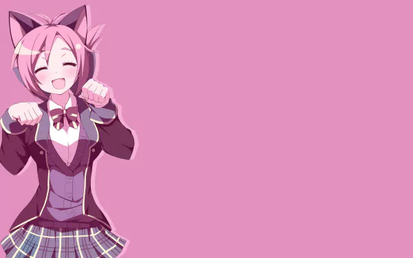 A cheerful cat girl character with pink hair and cat ears wears a school uniform against a vibrant pink background, making this a charming HD anime wallpaper.