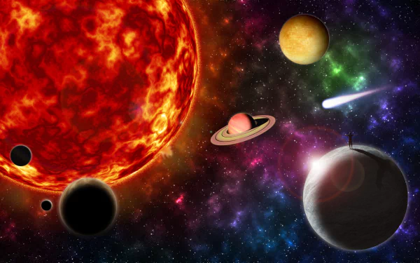 A colorful, sci-fi-inspired 4K Ultra HD space scene featuring vibrant planets, a glowing sun, and a bright meteor streaking through a star-filled cosmic background.