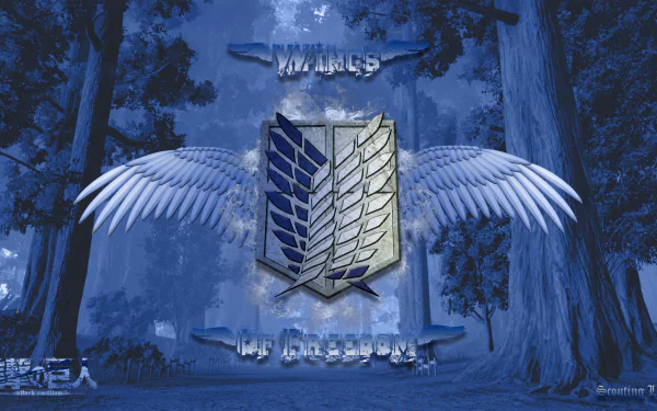 A striking HD desktop wallpaper featuring the Wings of Freedom emblem from the Scouting Legion in Attack on Titan, set against a serene blue forest backdrop.
