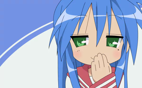 HD anime desktop wallpaper featuring Konata Izumi from Lucky Star with blue hair and green eyes against a light blue and white background.