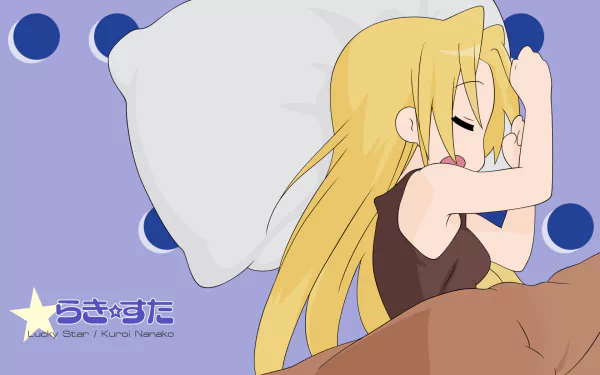 HD PC desktop wallpaper of Nanako Kuroi (Lucky Star): anime-style image of her sleeping on a pillow under a blanket against a blue polka-dot background.