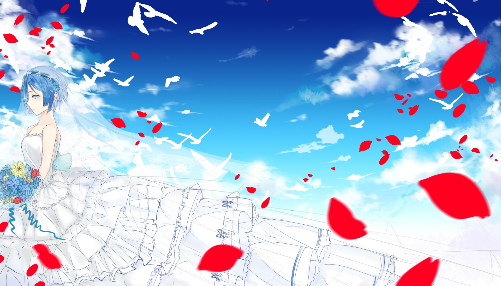 A serene HD wallpaper featuring Rem from Re:ZERO - Starting Life in Another World, surrounded by flying birds and floating red petals against a bright blue sky.