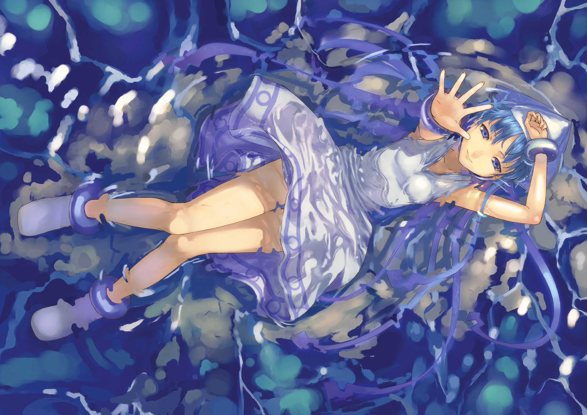 HD anime desktop wallpaper featuring Ika Musume, also known as Squid Girl, floating underwater with her signature blue tentacle hair and white dress.