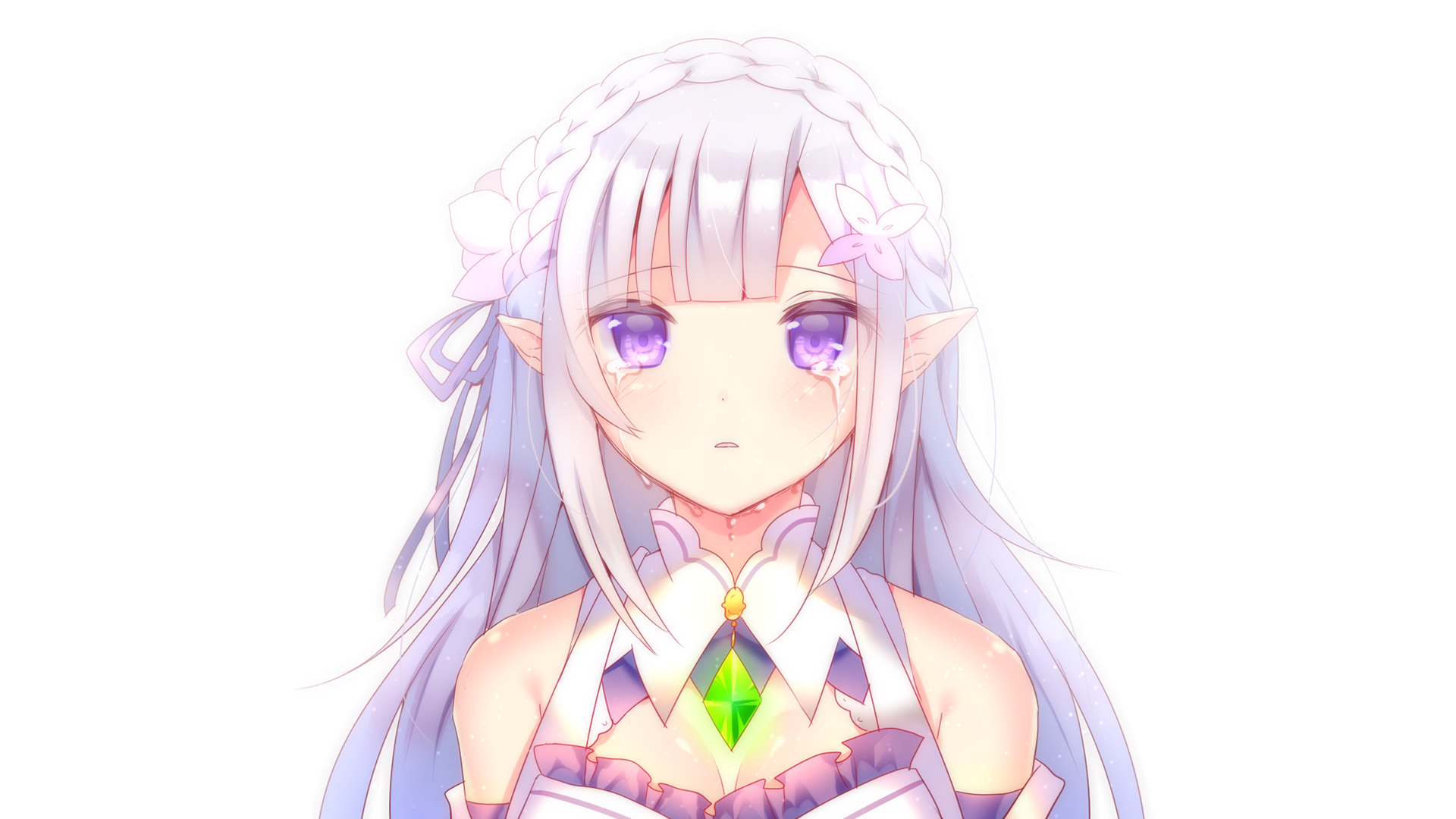 Emilia (Re:ZERO) anime portrait — lavender-haired girl with purple eyes and glowing green crystal pendant; HD PC desktop wallpaper from Re:Zero - Starting Life in Another World.