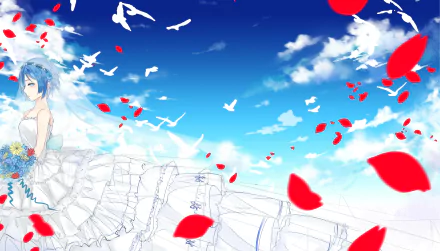 A serene HD wallpaper featuring Rem from Re:ZERO - Starting Life in Another World, surrounded by flying birds and floating red petals against a bright blue sky.