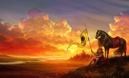 A woman warrior sits on a hillside, holding a flag beside her horse, with a vibrant sunset and distant landscape creating a dramatic fantasy backdrop.