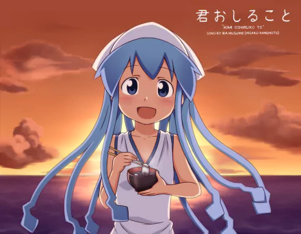 Ika Musume (Squid Girl) anime HD desktop wallpaper — blue-haired squid girl in a sailor outfit eating a rice ball at sunset over the ocean.