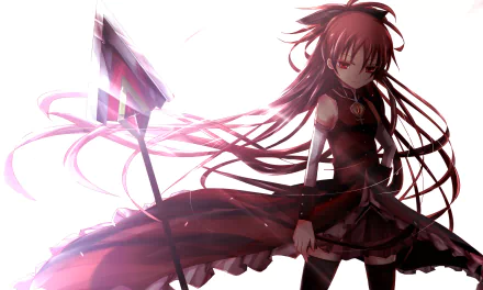 Kyōko Sakura, a character from Puella Magi Madoka Magica, stands confidently with long brown hair and striking red eyes, wielding a spear against a vibrant, dynamic background.
