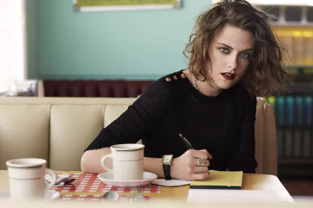 A stylish Kristen Stewart sits at a café table, writing on a yellow notepad, with coffee cups beside her, captured in vivid 4K Ultra HD quality.
