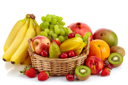 A vibrant assortment of fruits including kiwis, cherries, strawberries, grapes, bananas, and oranges, arranged beautifully in a basket, creating a colorful and appetizing display.
