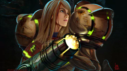 HD desktop wallpaper depicting a character from the video game Metroid, equipped with advanced armor and holding a glowing weapon.