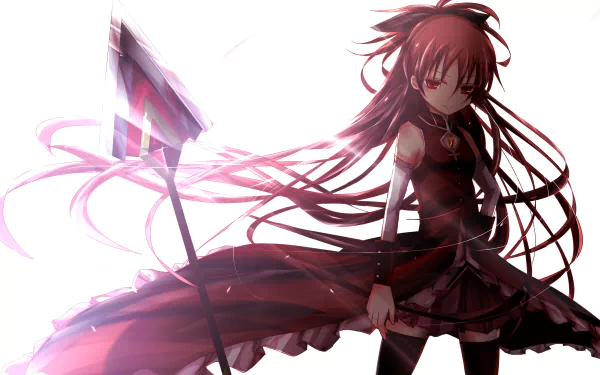 Kyōko Sakura, a character from Puella Magi Madoka Magica, stands confidently with long brown hair and striking red eyes, wielding a spear against a vibrant, dynamic background.