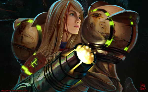 HD desktop wallpaper depicting a character from the video game Metroid, equipped with advanced armor and holding a glowing weapon.