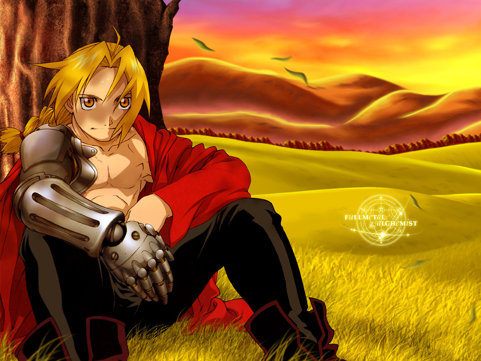 Edward Elric standing in front of a city skyline at sunset