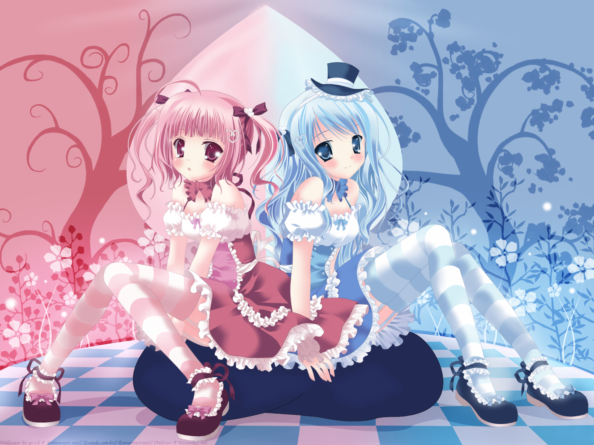 Anime original HD PC desktop wallpaper showing two pastel girls (pink and blue) in frilly maid dresses and striped stockings, seated back-to-back on a cushion before a split floral background.