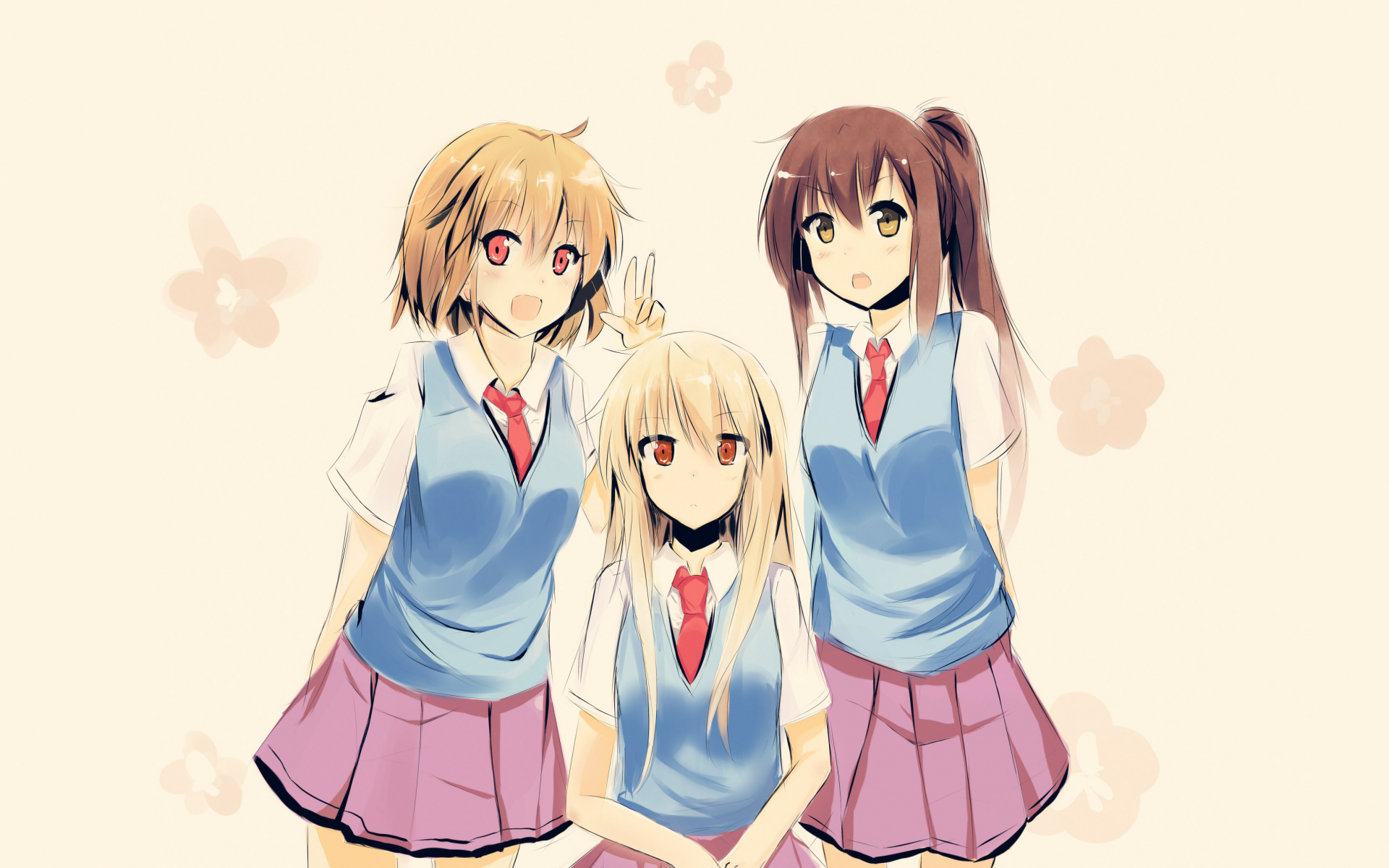 A vibrant HD desktop wallpaper featuring Misaki Kamiigusa, Nanami Aoyama, and Mashiro Shiina from the anime Sakurasou no Pet na Kanojo, showcasing their charming personalities.