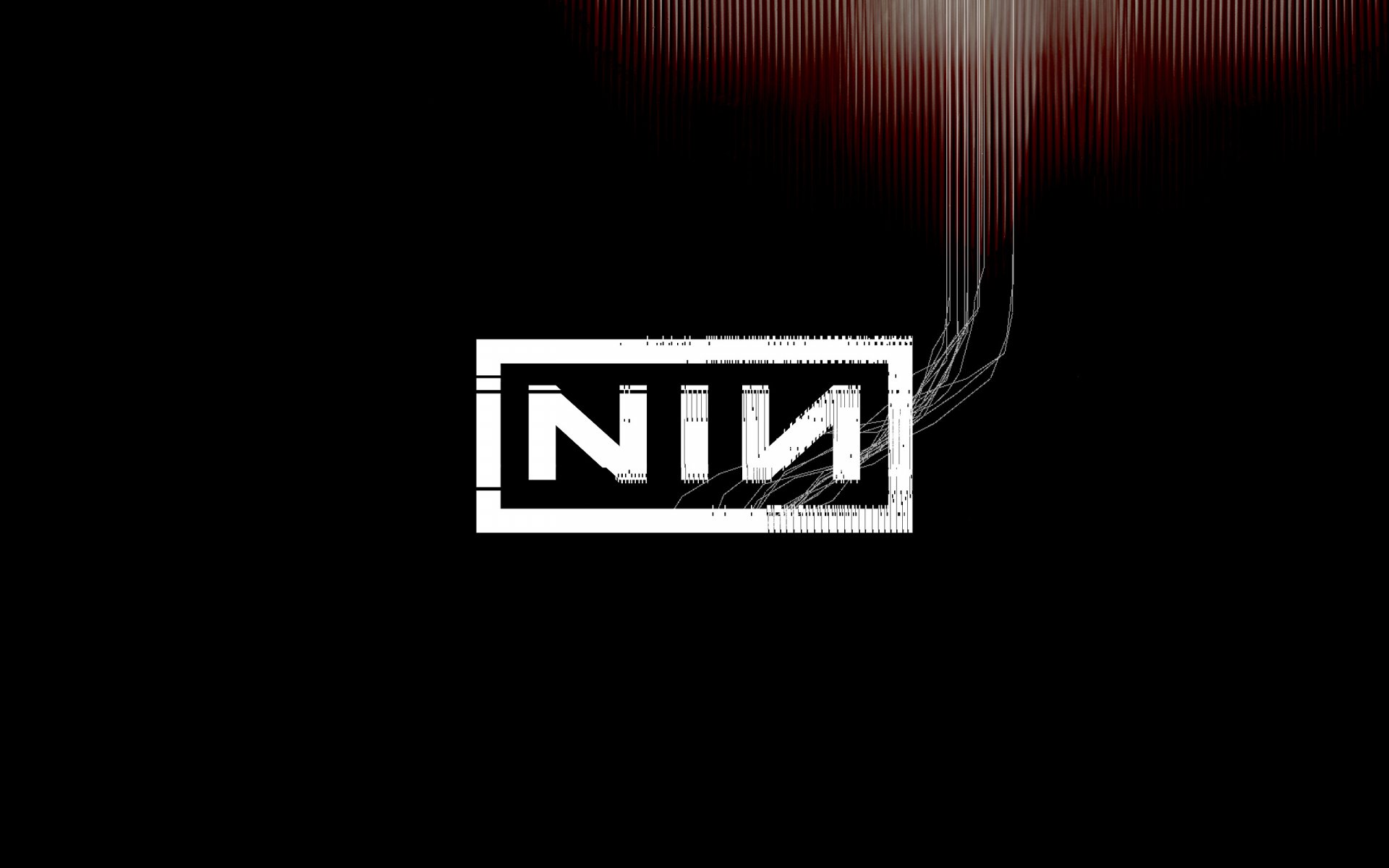 HD PC desktop wallpaper featuring the Nine Inch Nails logo with a dark background and red vertical glitch effects, representing the music band.