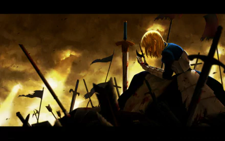 A dramatic HD wallpaper featuring Saber from the Fate Series, set against a battlefield littered with swords and banners, capturing the essence of Fate/Grand Order.