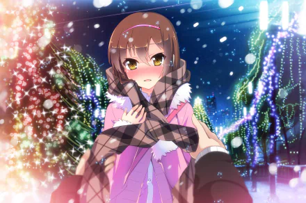 A heartwarming scene featuring Nanami Aoyama from Sakurasou no Pet na Kanojo, set against a snowy, festive backdrop with vibrant lights. An HD wallpaper capturing a moment of warmth and affection.