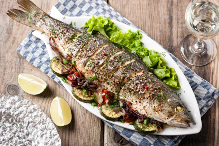 A beautifully seasoned grilled whole fish served on a bed of lettuce with roasted vegetables, lemon wedges, and a glass of white wine, presented in 4K Ultra HD.