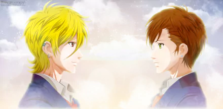 Yoshino Takigawa and Mahiro Fuwa from the anime Zetsuen no Tempest face each other in this vibrant HD desktop wallpaper, set against a dreamy, cloudy background.