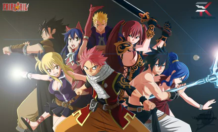 HD desktop wallpaper featuring characters Gajeel Redfox, Gray Fullbuster, Laxus Dreyar, Juvia Lockser, Erza Scarlet, Wendy Marvell, Lucy Heartfilia, and Natsu Dragneel from the anime Fairy Tail.