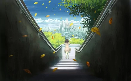 Anime-style cityscape viewed from shadowed stairway, with a small figure at the top surrounded by falling autumn leaves, rendered as a vibrant HD PC desktop wallpaper.