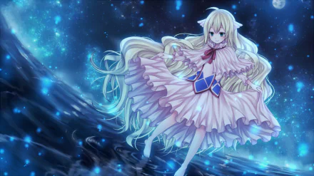 HD desktop wallpaper featuring Mavis Vermilion from the anime Fairy Tail, standing gracefully in a celestial, starry background with flowing blonde hair and a pastel outfit.