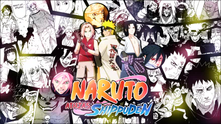 HD desktop wallpaper featuring various characters from the anime Naruto Shippuden, including Naruto Uzumaki, Sasuke Uchiha, Itachi Uchiha, and others, amidst a collage of manga panels.
