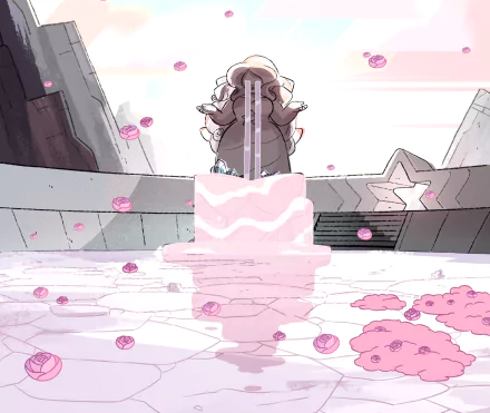 A serene scene from the TV show Steven Universe featuring a character amidst a tranquil background of pink puddles and a flowing fountain, creating a dreamy atmosphere.