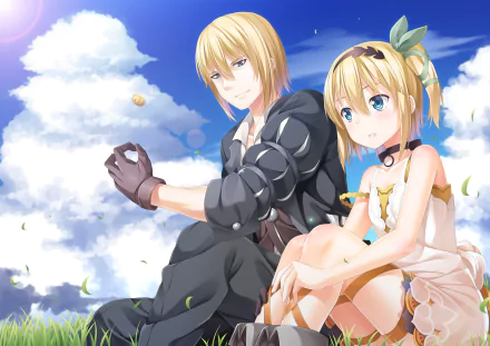 A vibrant HD wallpaper featuring Edna from Tales of Zestiria the X, sitting beside a character in a serene outdoor setting with blue skies and fluffy clouds.