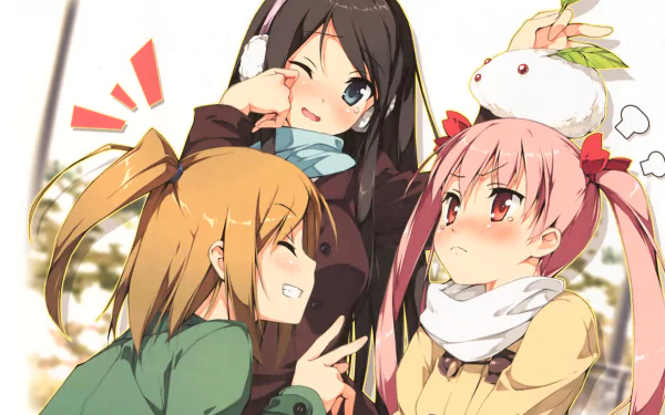 A colorful HD anime wallpaper featuring three girls with distinct hairstyles and expressions, showcasing playful interaction in a cheerful setting from 5 Nenme no Houkago.