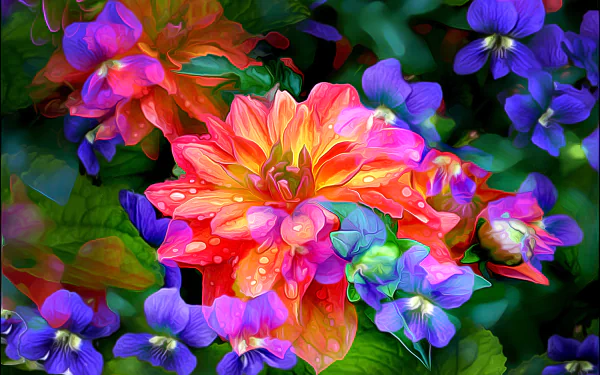 Vibrant dahlia surrounded by blue flowers, showcasing an artistic blend of colors. This colorful HD wallpaper adds a lively touch to any desktop background.