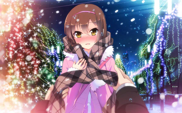 A heartwarming scene featuring Nanami Aoyama from Sakurasou no Pet na Kanojo, set against a snowy, festive backdrop with vibrant lights. An HD wallpaper capturing a moment of warmth and affection.