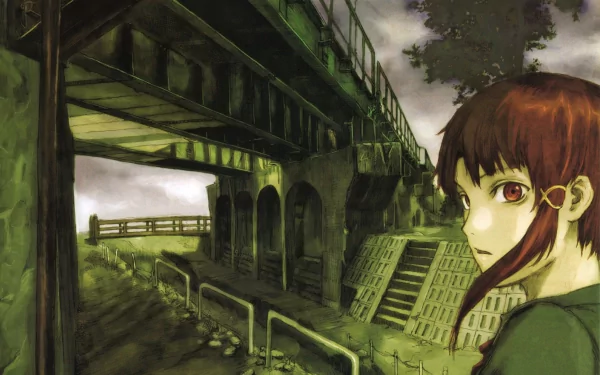 A captivating HD wallpaper featuring Lain Iwakura from the anime Serial Experiments Lain, set against a moody, industrial backdrop with green tones and intricate details.