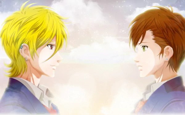 Yoshino Takigawa and Mahiro Fuwa from the anime Zetsuen no Tempest face each other in this vibrant HD desktop wallpaper, set against a dreamy, cloudy background.