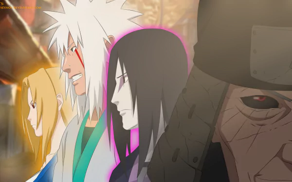 An HD desktop wallpaper featuring Hiruzen Sarutobi, Tsunade, Orochimaru, and Jiraiya from Naruto, showcasing iconic characters from the beloved anime series.