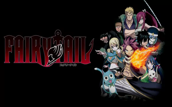 A vibrant HD wallpaper featuring characters from *Fairy Tail*, including Gajeel, Wendy, Natsu, and Erza, showcasing their unique abilities and the series' emblem.
