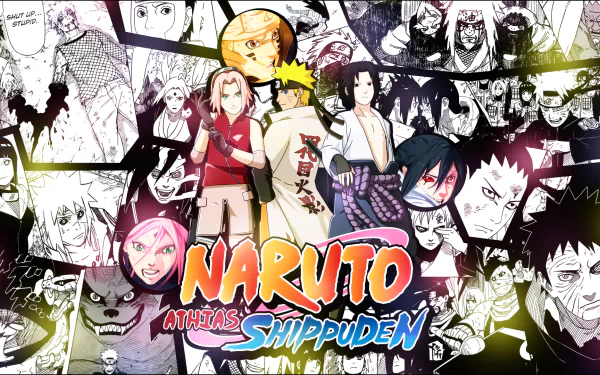 HD desktop wallpaper featuring various characters from the anime Naruto Shippuden, including Naruto Uzumaki, Sasuke Uchiha, Itachi Uchiha, and others, amidst a collage of manga panels.