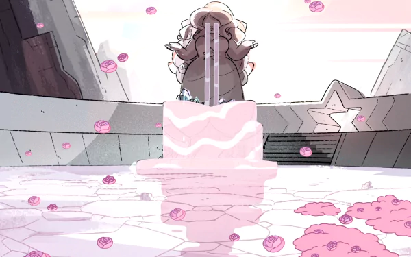 A serene scene from the TV show Steven Universe featuring a character amidst a tranquil background of pink puddles and a flowing fountain, creating a dreamy atmosphere.