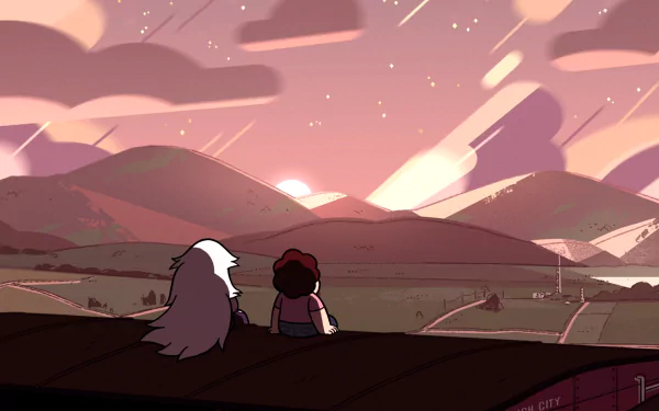 Steven and Amethyst from *Steven Universe* sit together on a rooftop, gazing at a vibrant sunset over mountains, creating a serene and colorful backdrop.