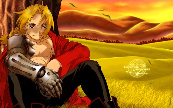 HD desktop wallpaper featuring Edward Elric from Fullmetal Alchemist, sitting against a tree, with rolling hills and an orange sky in the background.