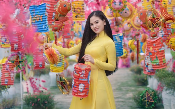 Women Asian Model Yellow Dress Brunette Smile Lantern Brown Eyes HD Wallpaper | Background Image