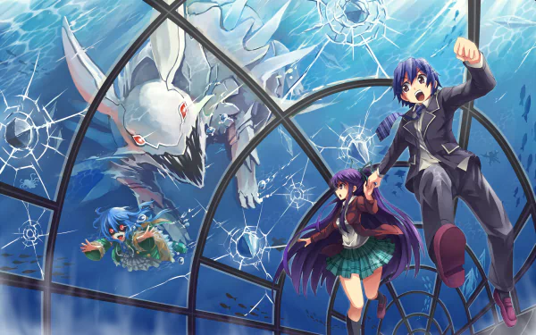 A dynamic HD desktop wallpaper featuring Tohka Yatogami from the anime Date A Live, showcasing an underwater scene with characters escaping a looming creature.