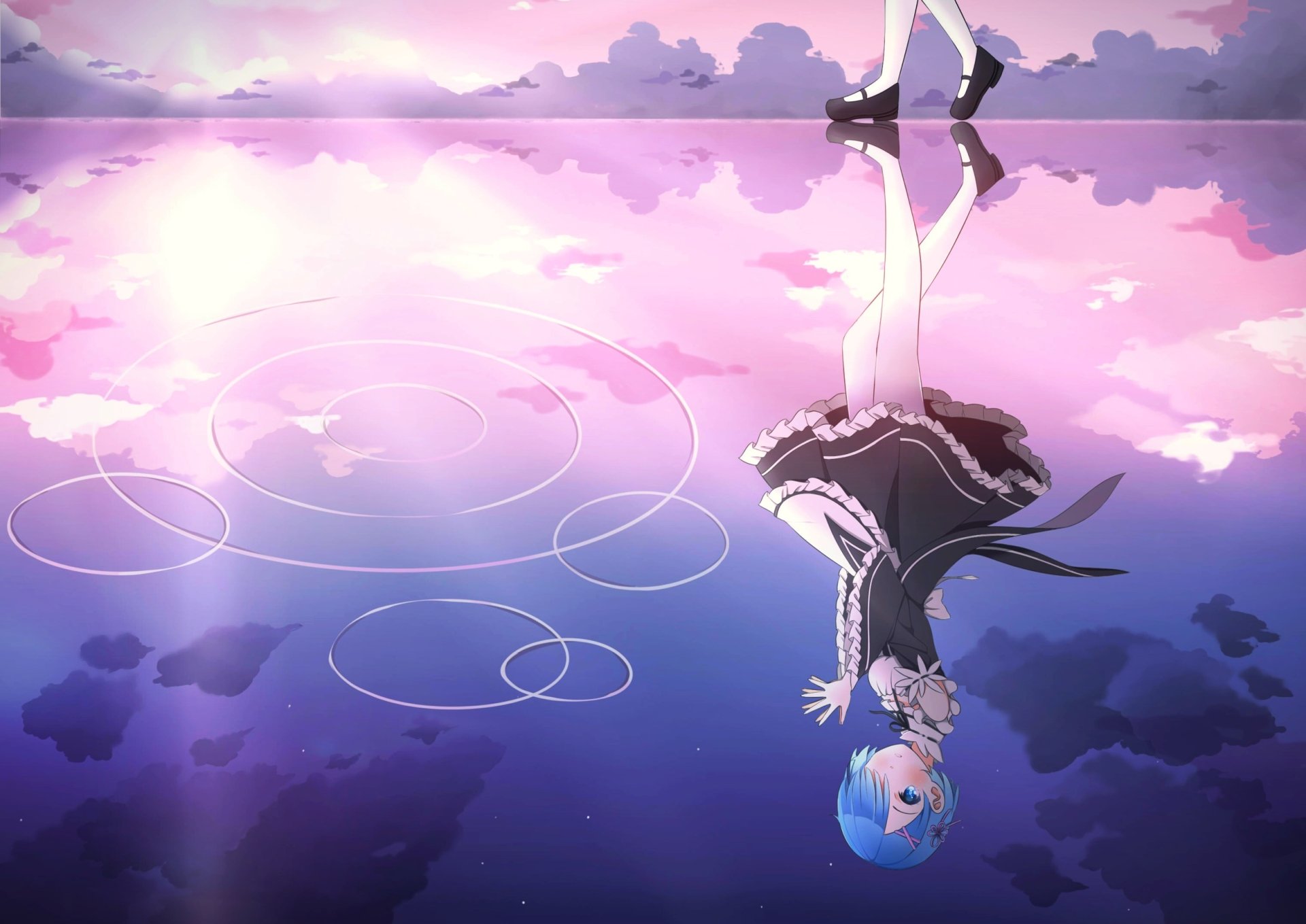 A striking HD background featuring Rem from *Re:ZERO - Starting Life in Another World*, reflecting in a serene, colorful sky with swirling clouds.