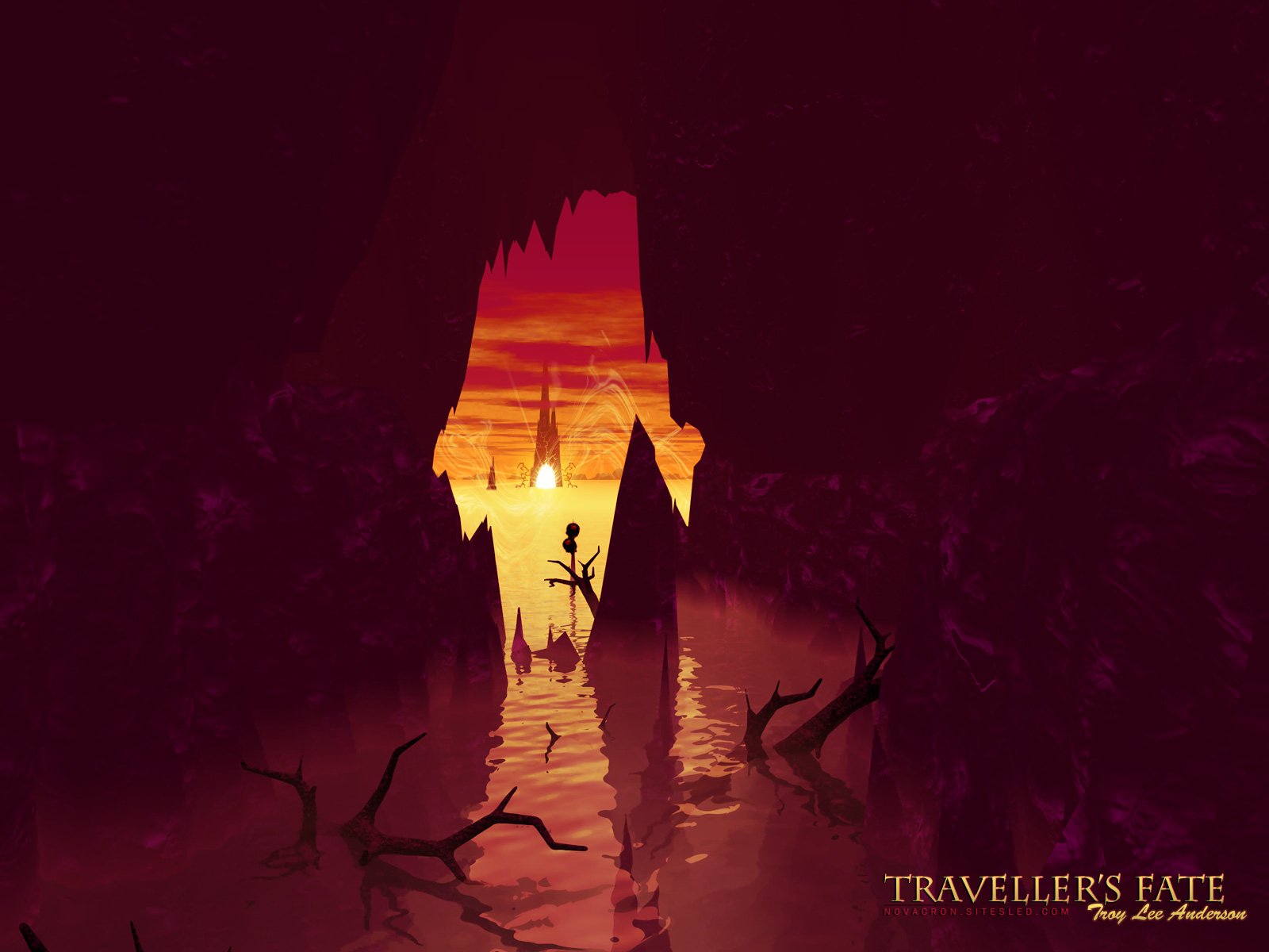 Artistic HD PC desktop wallpaper depicting a fiery orange sunset viewed through jagged dark cave openings, reflecting on a calm water surface with silhouetted branches.