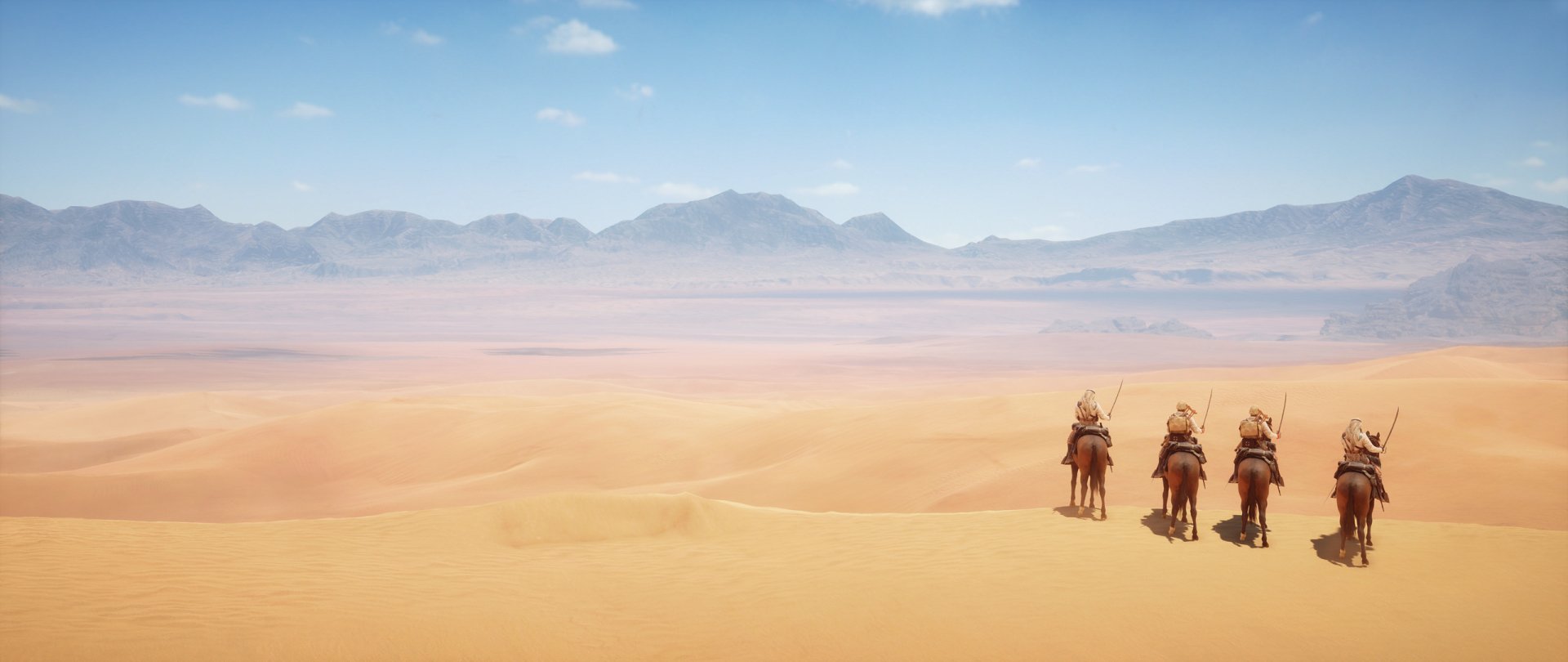 A stunning HD PC wallpaper from the video game Battlefield 1, depicting three riders traversing a vast desert landscape under a clear blue sky.