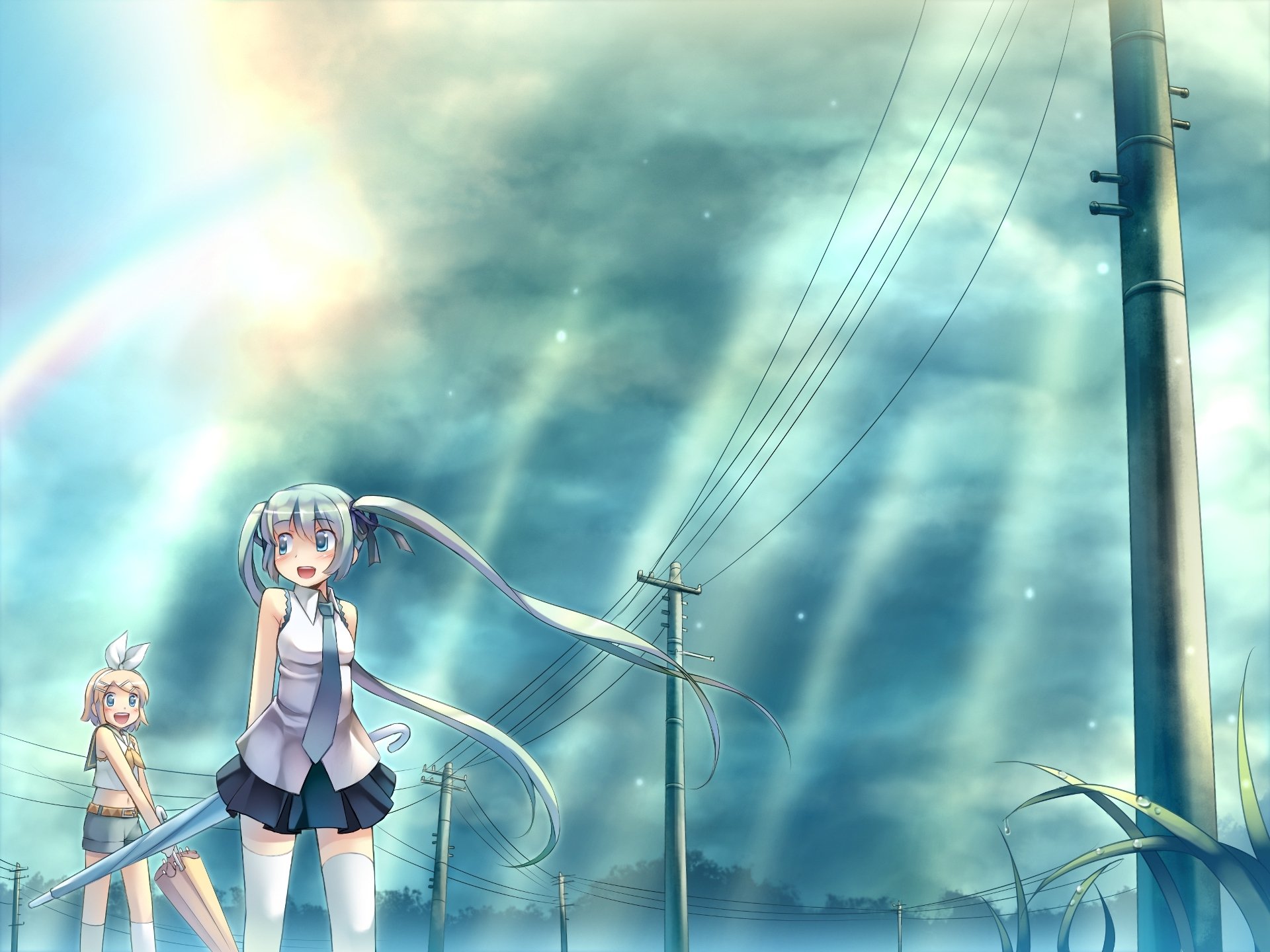 HD anime desktop wallpaper featuring Vocaloid characters Rin Kagamine and Hatsune Miku under a cloudy sky with sunlight streaming through power lines.