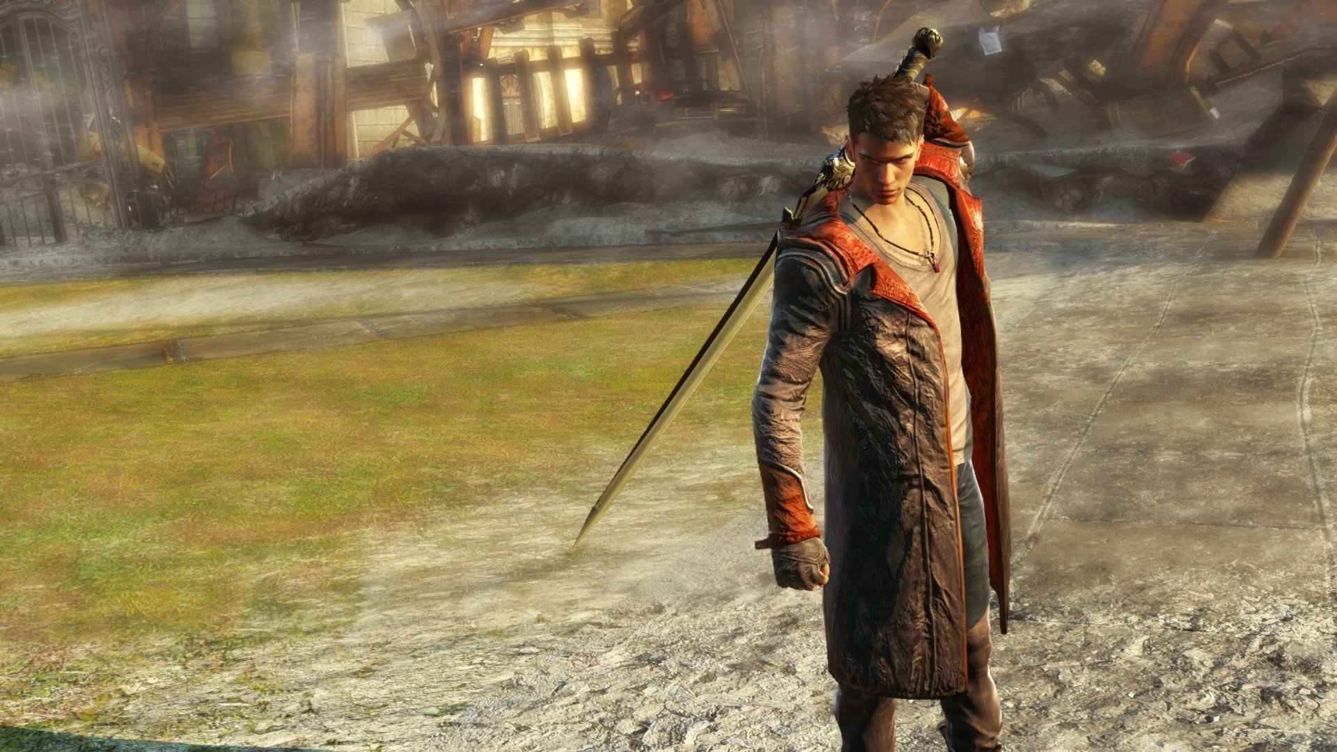 HD PC desktop wallpaper featuring Dante from the video game DmC: Devil May Cry, showcasing the character in a detailed urban environment.